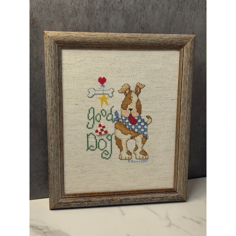Alma Lynn Good Dog Framed Cross Stitch Art Robert P Daina 2007 Rustic Decor