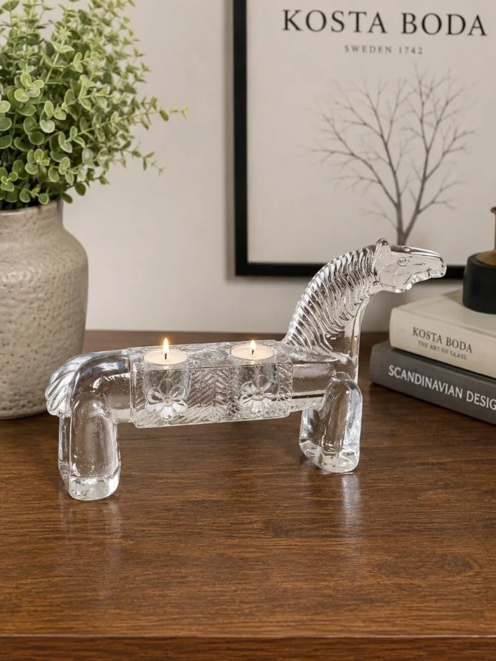 Kosta Boda Bertil Vallien Clear Glass Horse Candle Holder Sculpture Sweden 10.5
