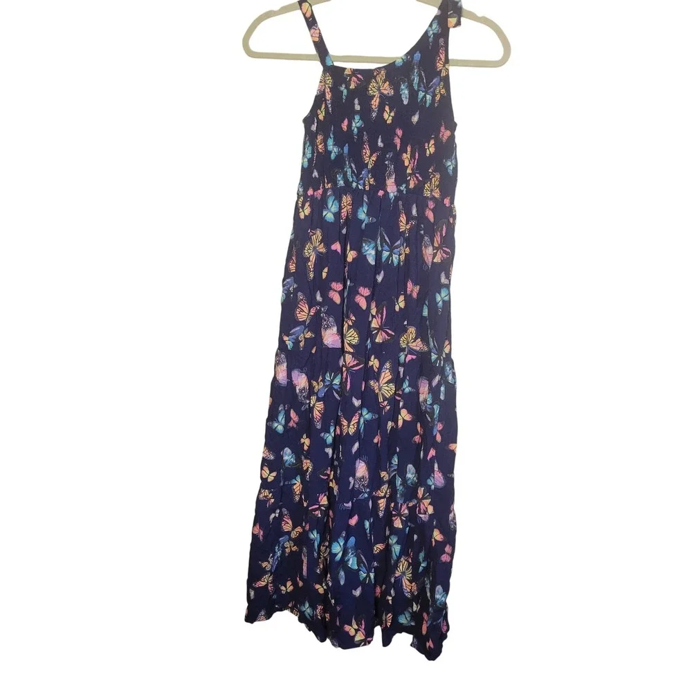 Justice Butterfly Maxi Dress Girls L 12/14 Navy Blue Excellent Tiered Smocked