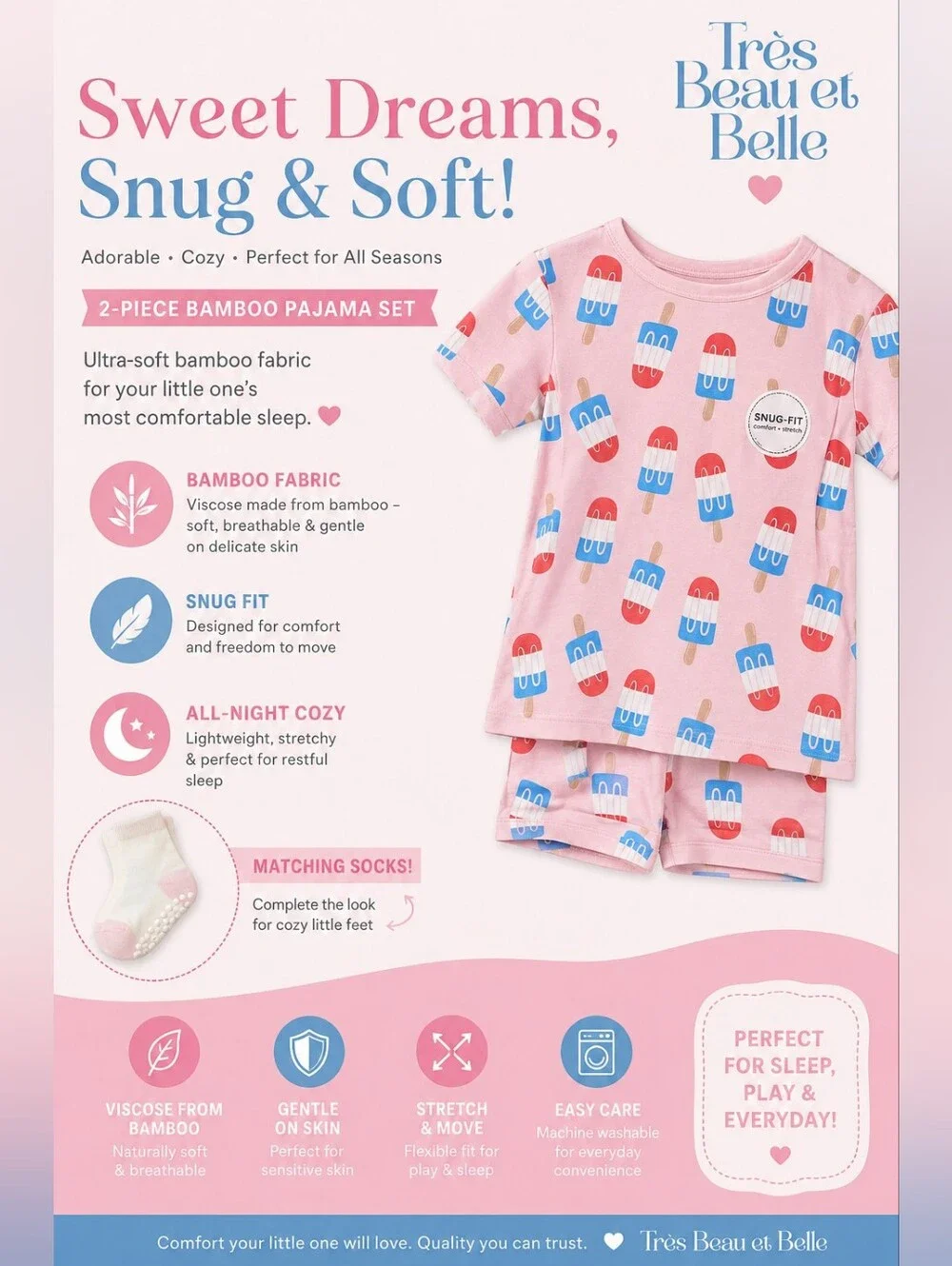 Très Beau et Belle Pink Popsicle Bamboo Kids Pajama Set