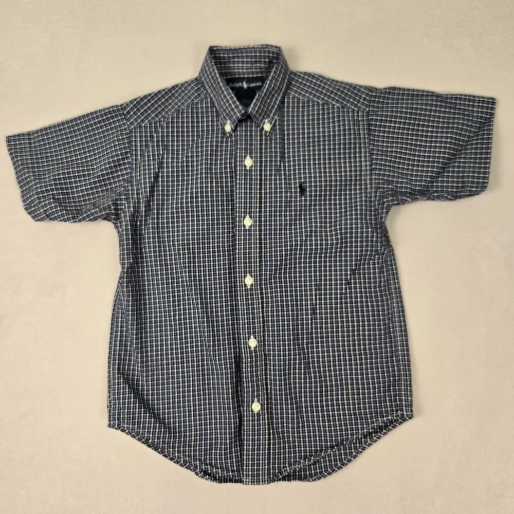 Ralph Lauren Short Sleeve Button Up Shirt Blue White Gingham Boys 5 Pony Logo
