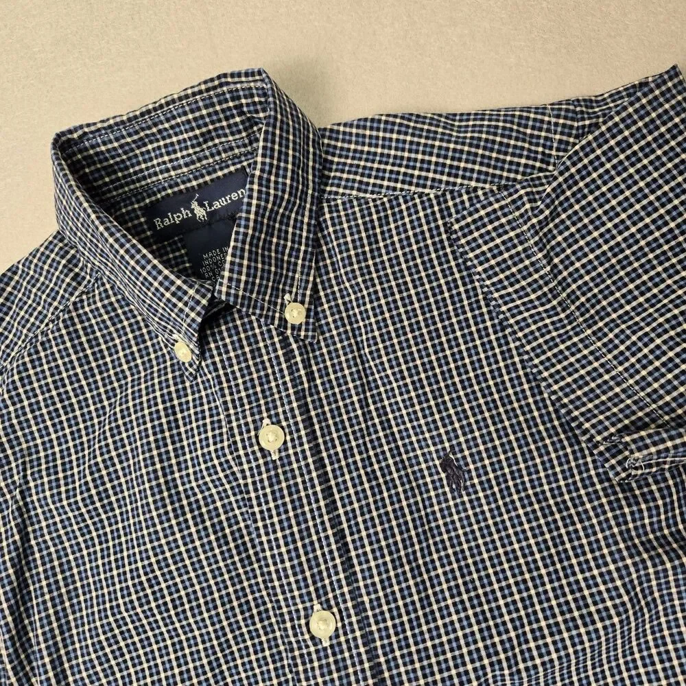 Ralph Lauren Short Sleeve Button Up Shirt Blue White Gingham Boys 5 Pony Logo