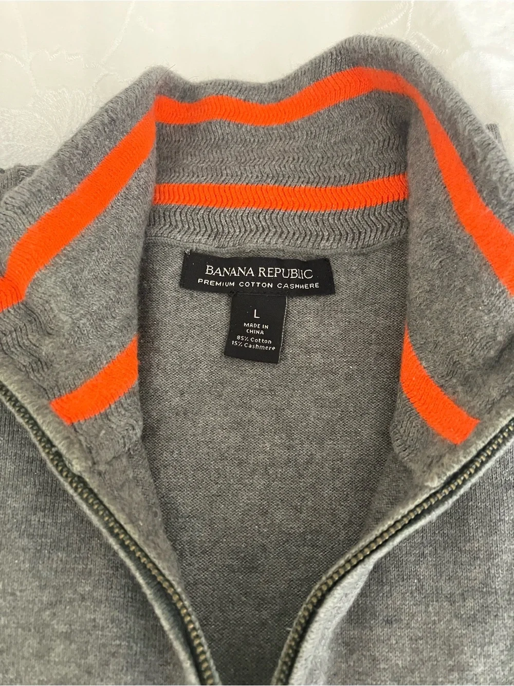 Banana Republic Men's Gray Half-Zip Sweater with Orange Collar Stripe