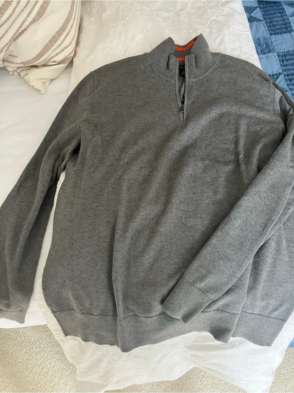 Banana Republic Men's Gray Half-Zip Sweater with Orange Collar Stripe