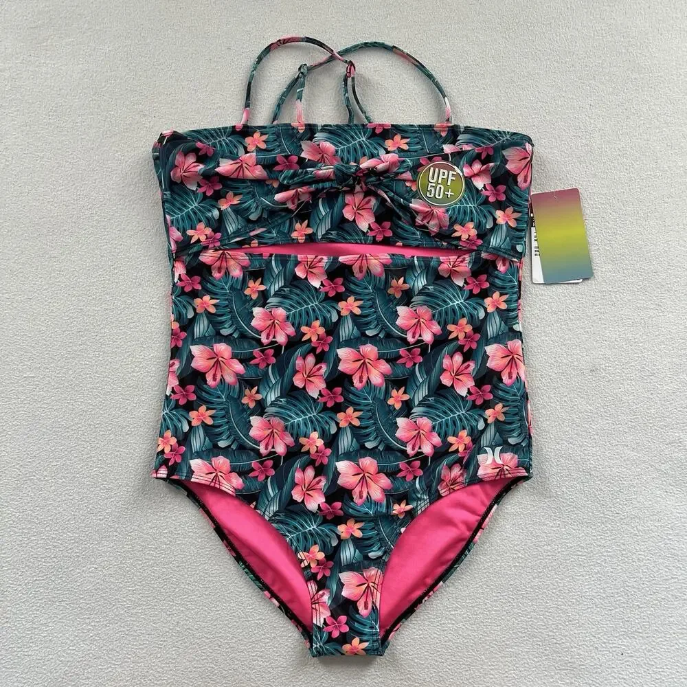 NWT Hurley Girl 1 Pc Black Pink Floral Topical Print Monokini Swimsuit XL 13-15