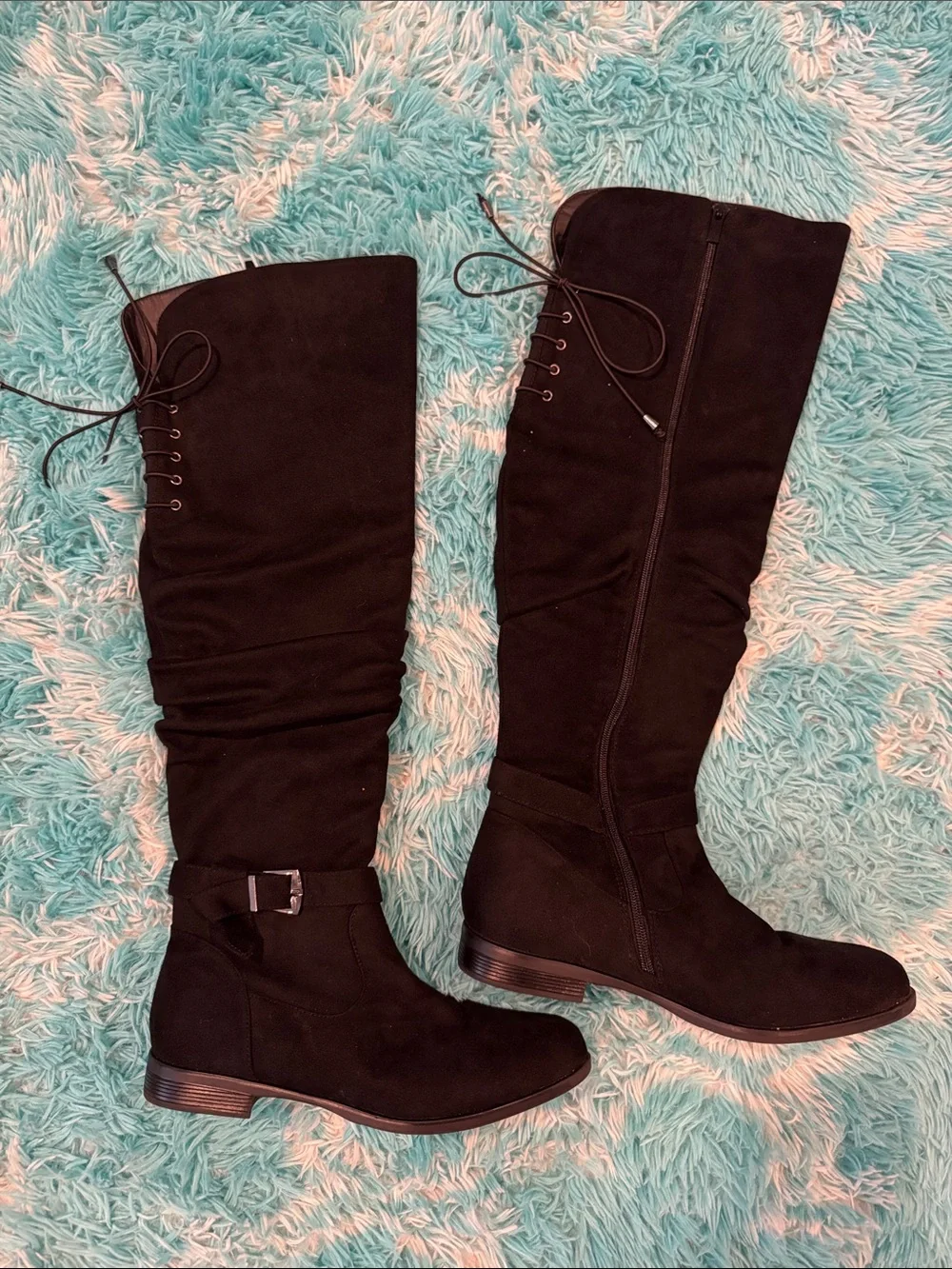 Women's Black Knee-High Riding Boots - Classic Buckle Detail