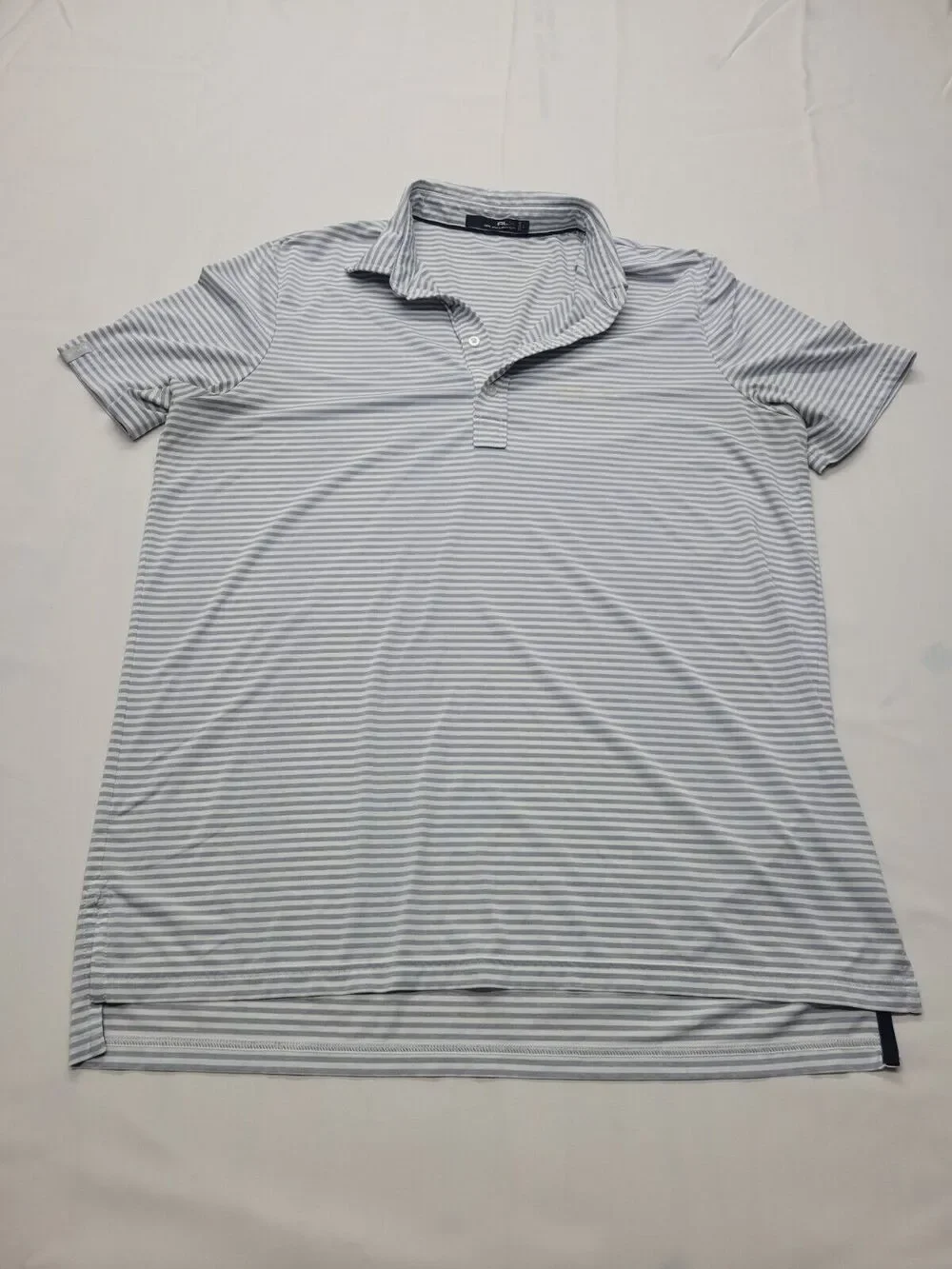 RLX Ralph Lauren Golf Polo Shirt Men’s Size Large SS White Gray Striped Wicking