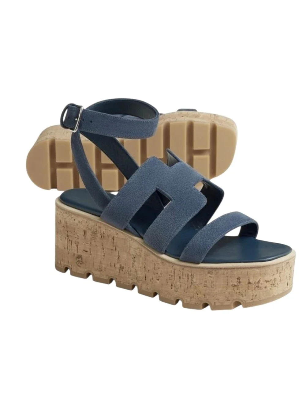 Hermès Havane 30 Cork Platform Sandals – Bleu Céleste Suede – Size 38 NIB