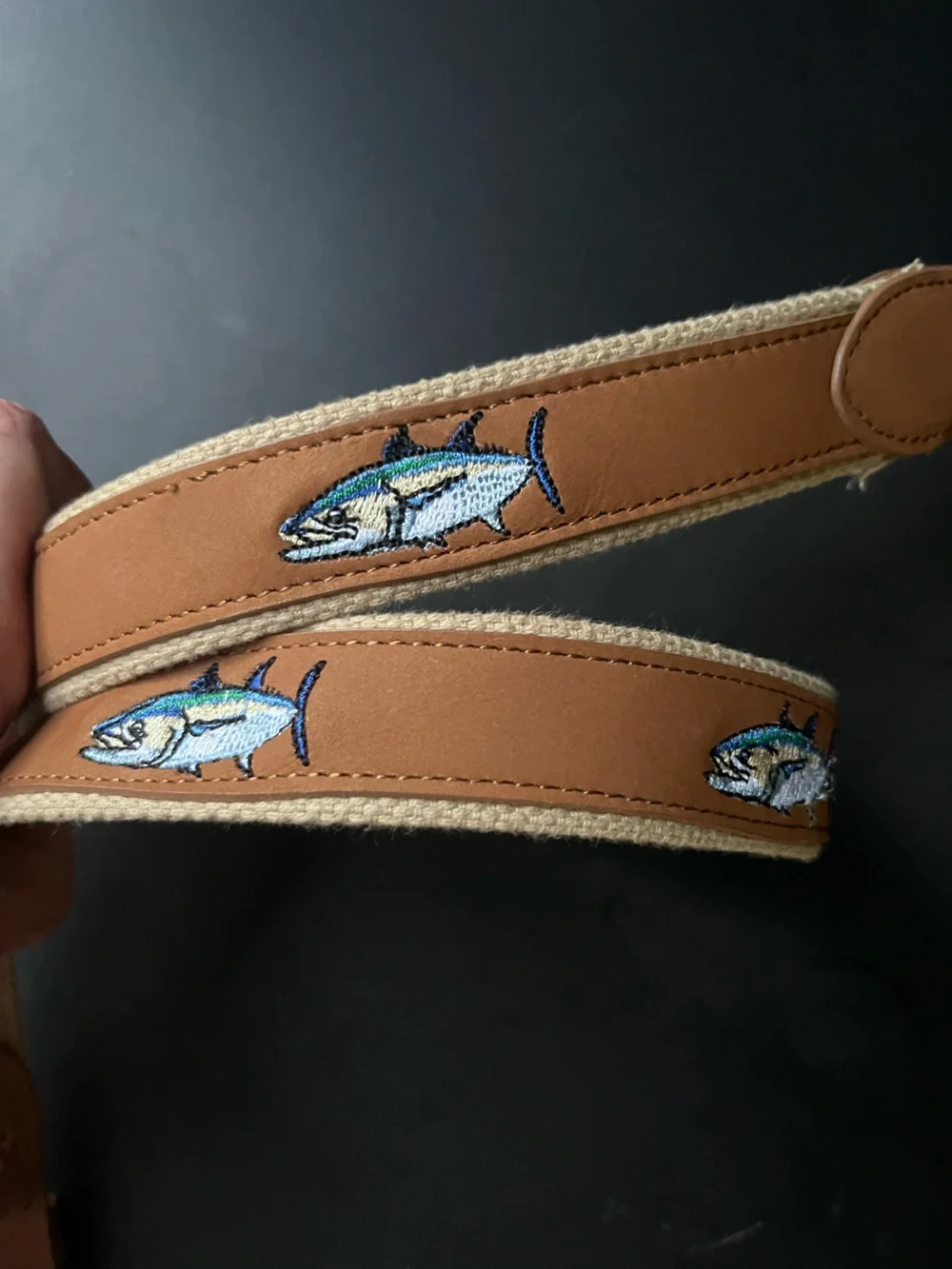 NWOT Guy Harvey Tan Leather Belt with Multicolor Tuna Embroidery