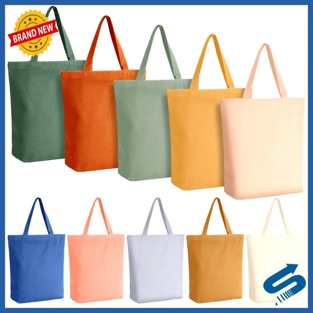 Canvas Tote Bags Bulk Reusable Foldable Zipper Grocery Shopping Storage