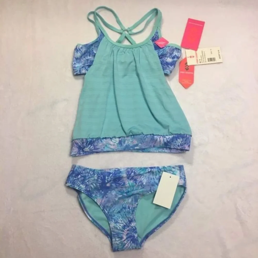 Free Country Tankini Swimsuit Girls Size 4 Teal Blue NWT Tie Dye 2-Piece Set