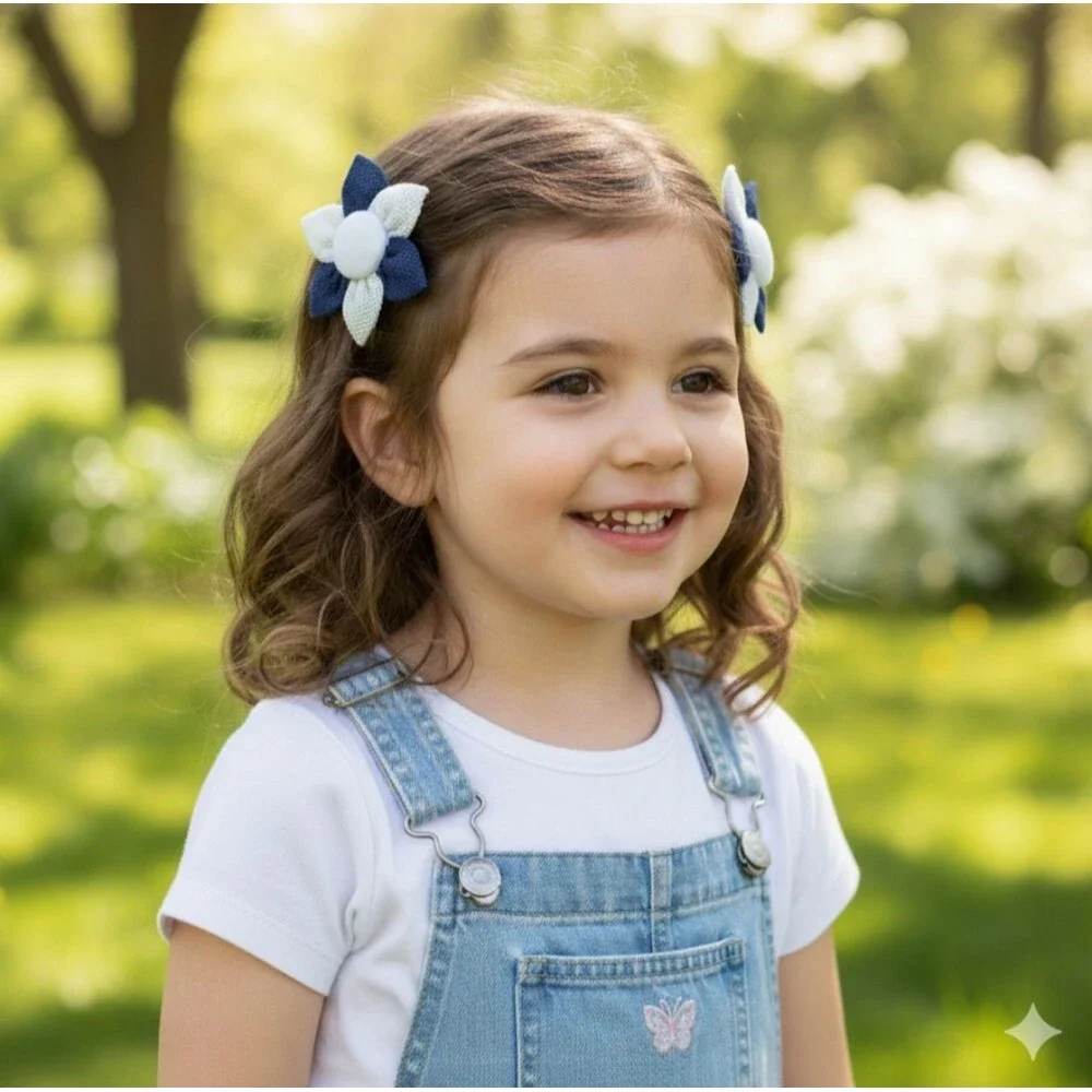 Girls Handmade Navy Blue/White Floral 2pc Hair Clip Set- Brand New