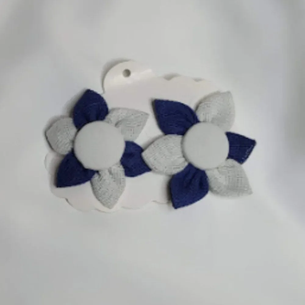Girls Handmade Navy Blue/White Floral 2pc Hair Clip Set- Brand New