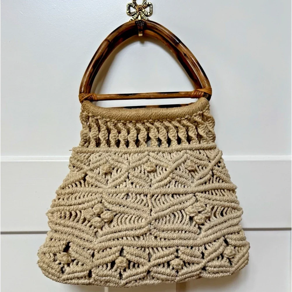 Hand Made Vintage 1970's‎  Macrame' Cream Color Sack Purse with Bamboo Handles