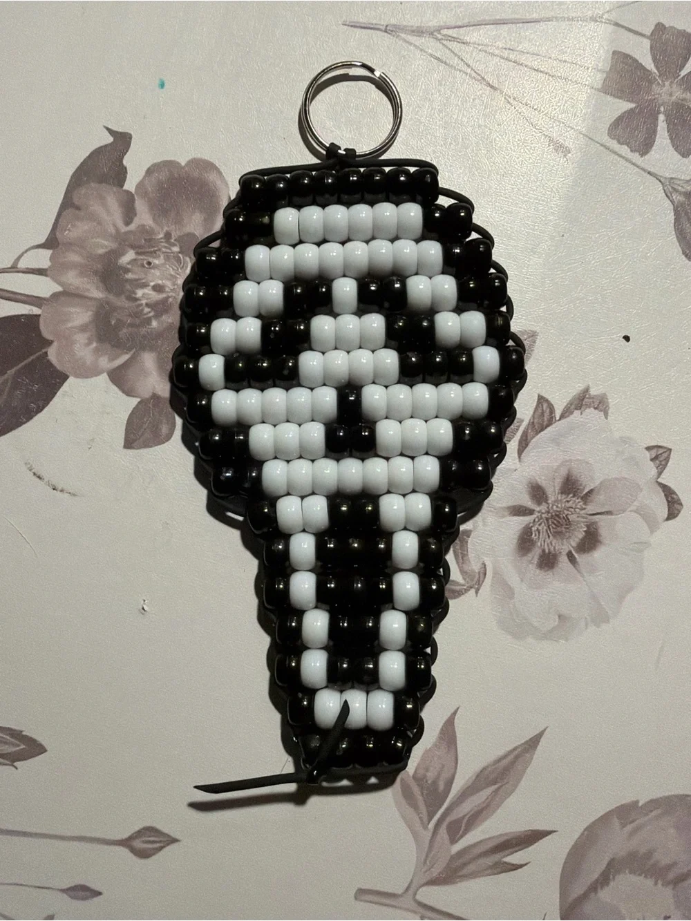 Handmade Black & White Beaded Skull Keychain