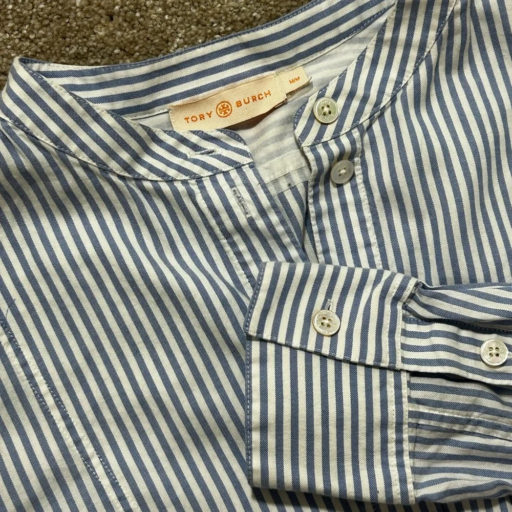 Tory Burch M Long Sleeve Blouse‎ Striped Cotton Blend Mandarin Collar Blue White