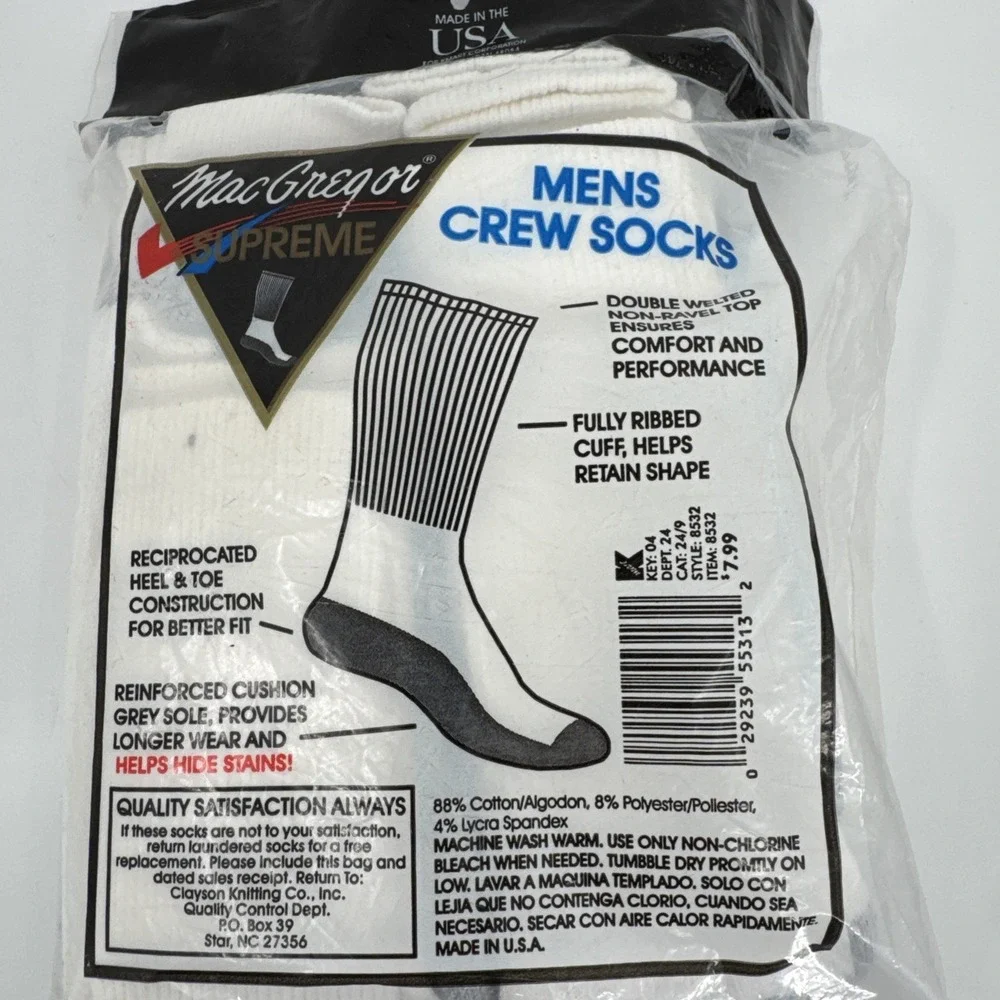 VTG NOS McGregor White Crew Socks 6 Pair Cotton Blend Striped Men 10 13 USA‎ NEW