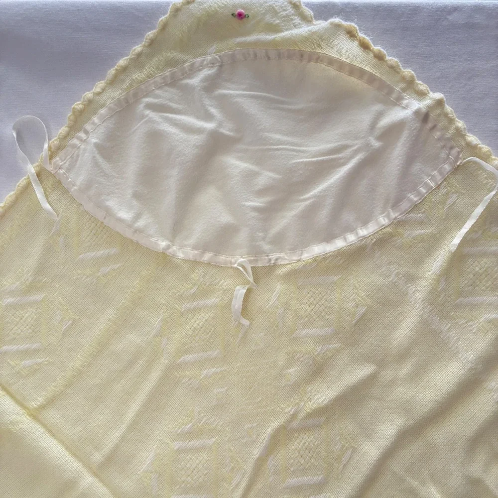 Vintage Handmade Hooded Baby Shawl Heirloom Blanket Layette Butter Yellow Pastel