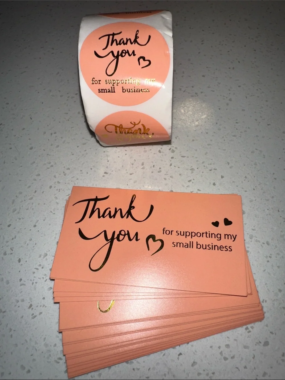500 Labels and 50 Thank You Cards. Coral background with metallic gold lettering