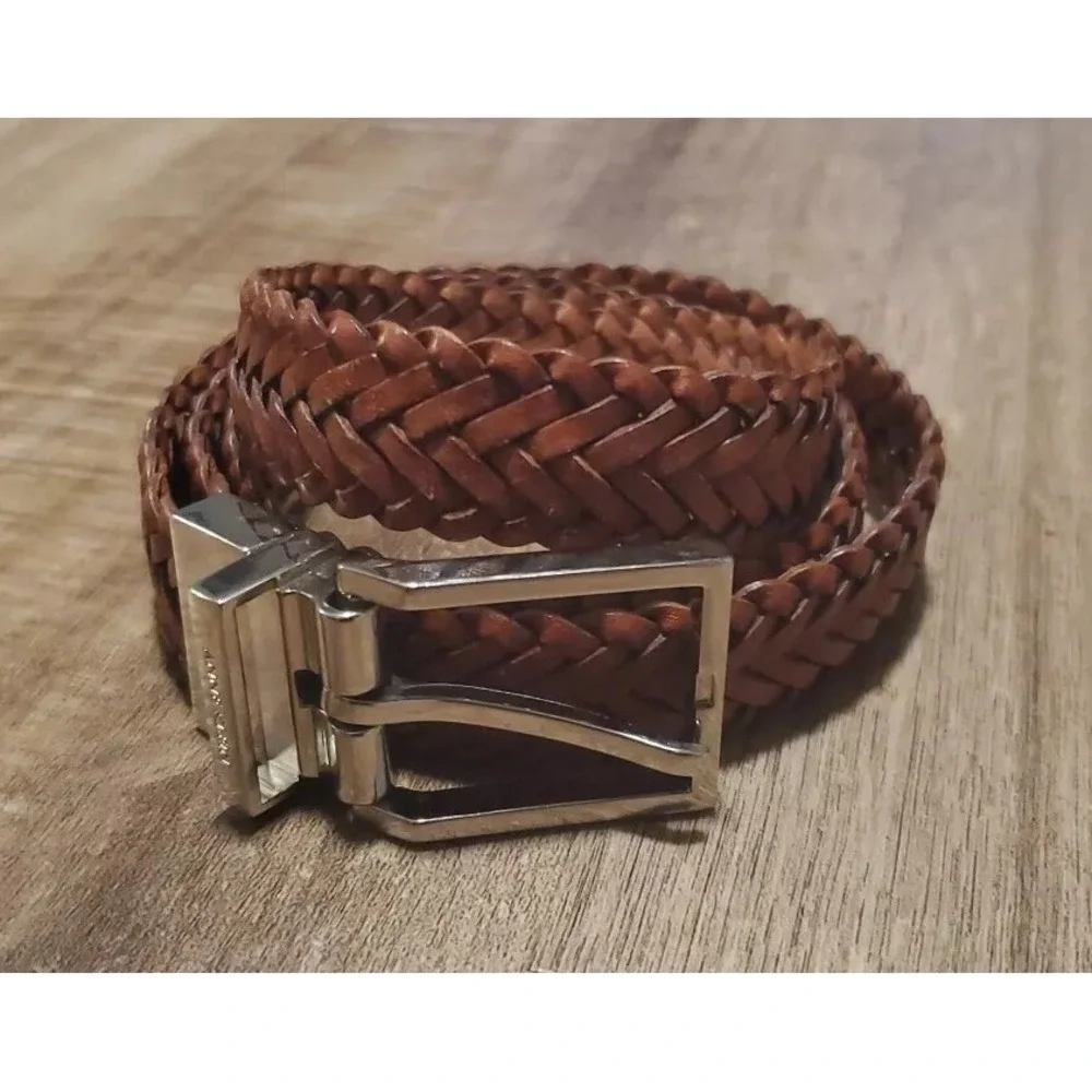 Anne Klein Women's Sz M/L Brown Braided‎ Leather Belt Reversable Silver Buckle