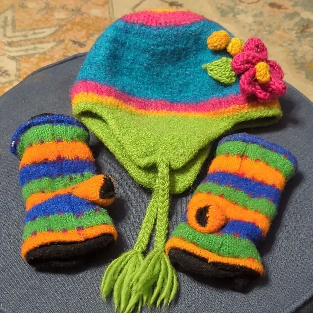 PERUVIAN CHULLO Winter Knit COLORS STRIPED HAT W/EAR FLAPS/hand warmersFOR Child
