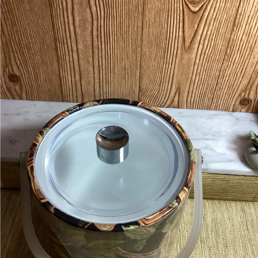 Vintage MCM Large Ice Bucket with Handle Acrylic lid Vine Print Made in USA