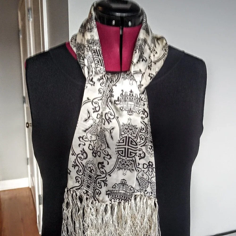 Chinese Black & Ivory Silk Oblong Fringed Scarf