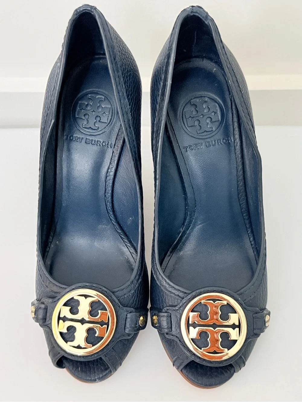 Tory Burch Navy Leather Peep-Toe Wedges with Gold Logo Medallion