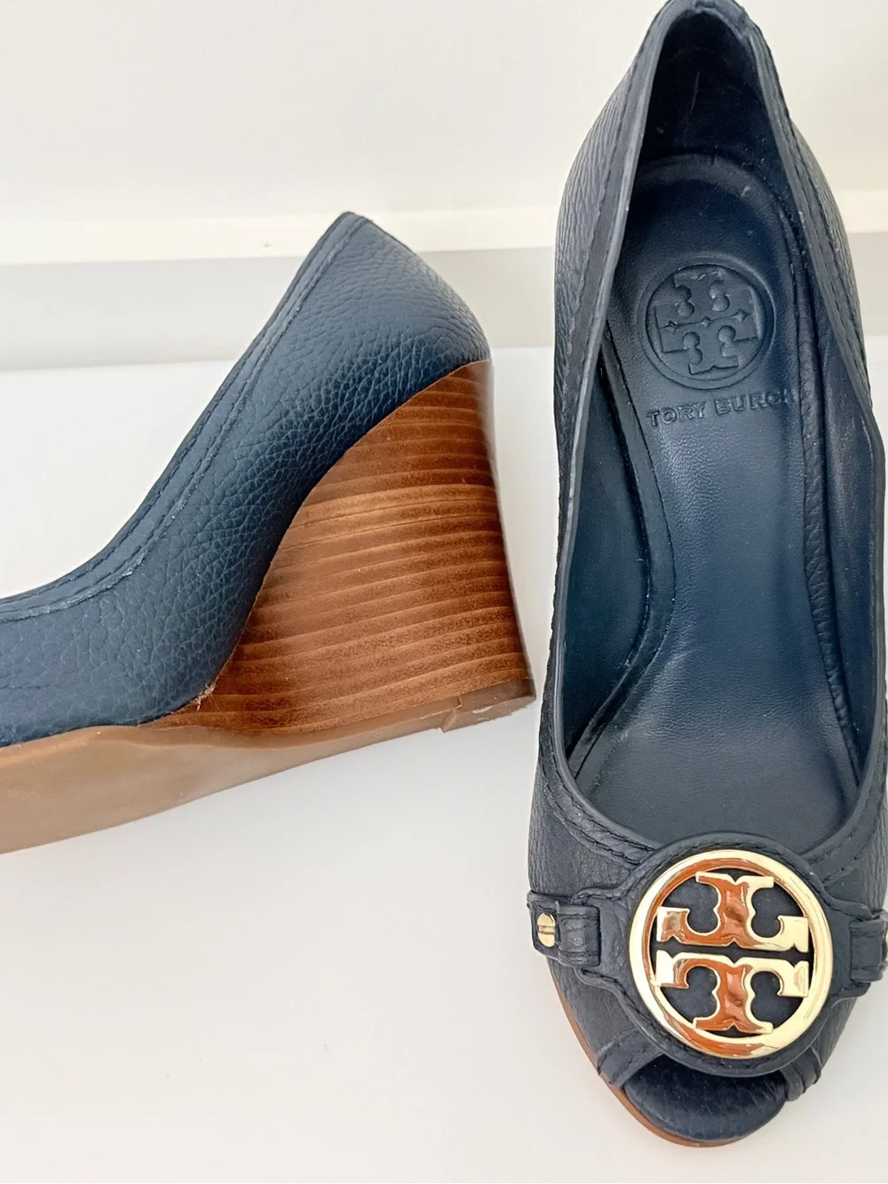 Tory Burch Navy Leather Peep-Toe Wedges with Gold Logo Medallion