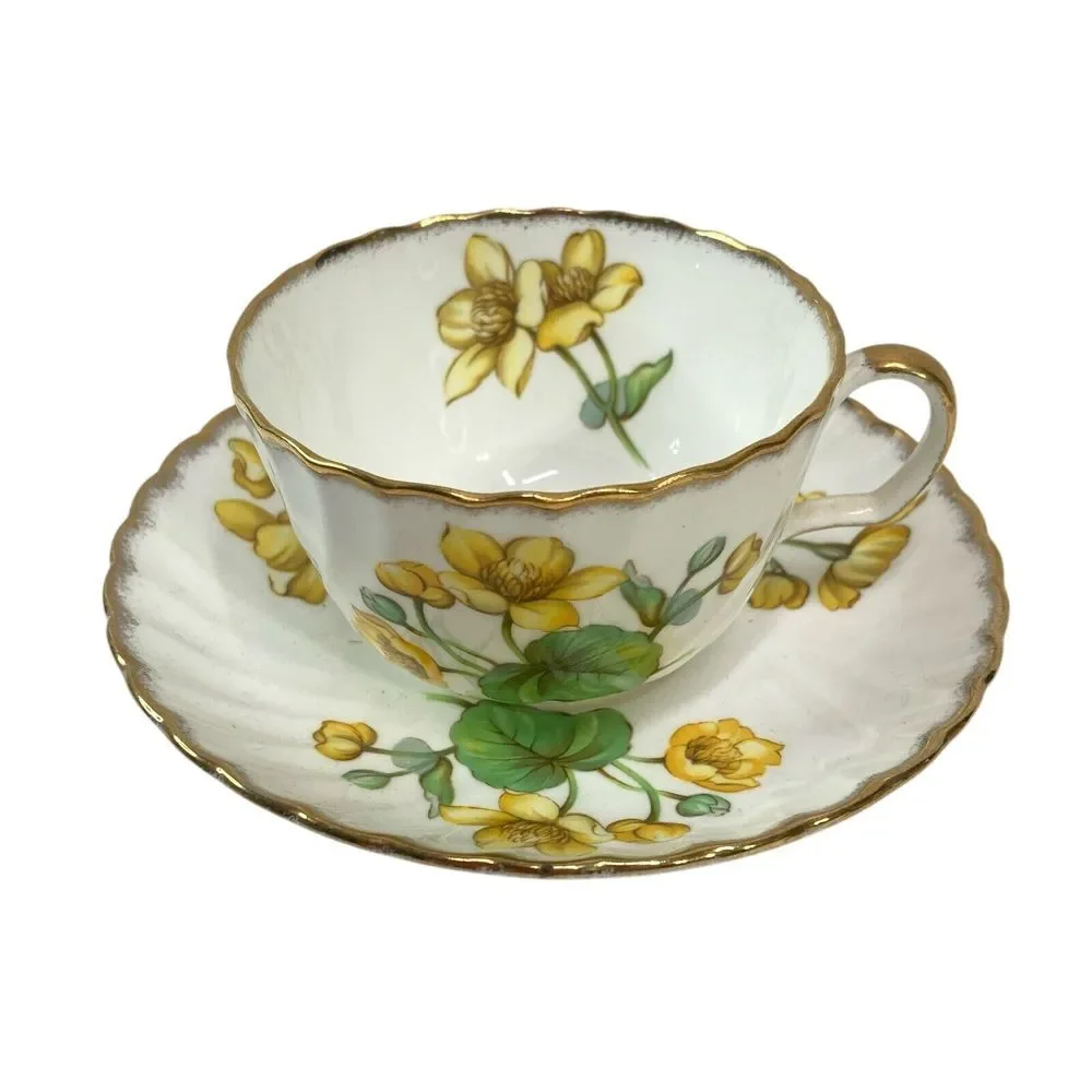 VTG ADDERLEY Teacup and Saucer Floral Yellow Flowers Fine Bone China‎ England