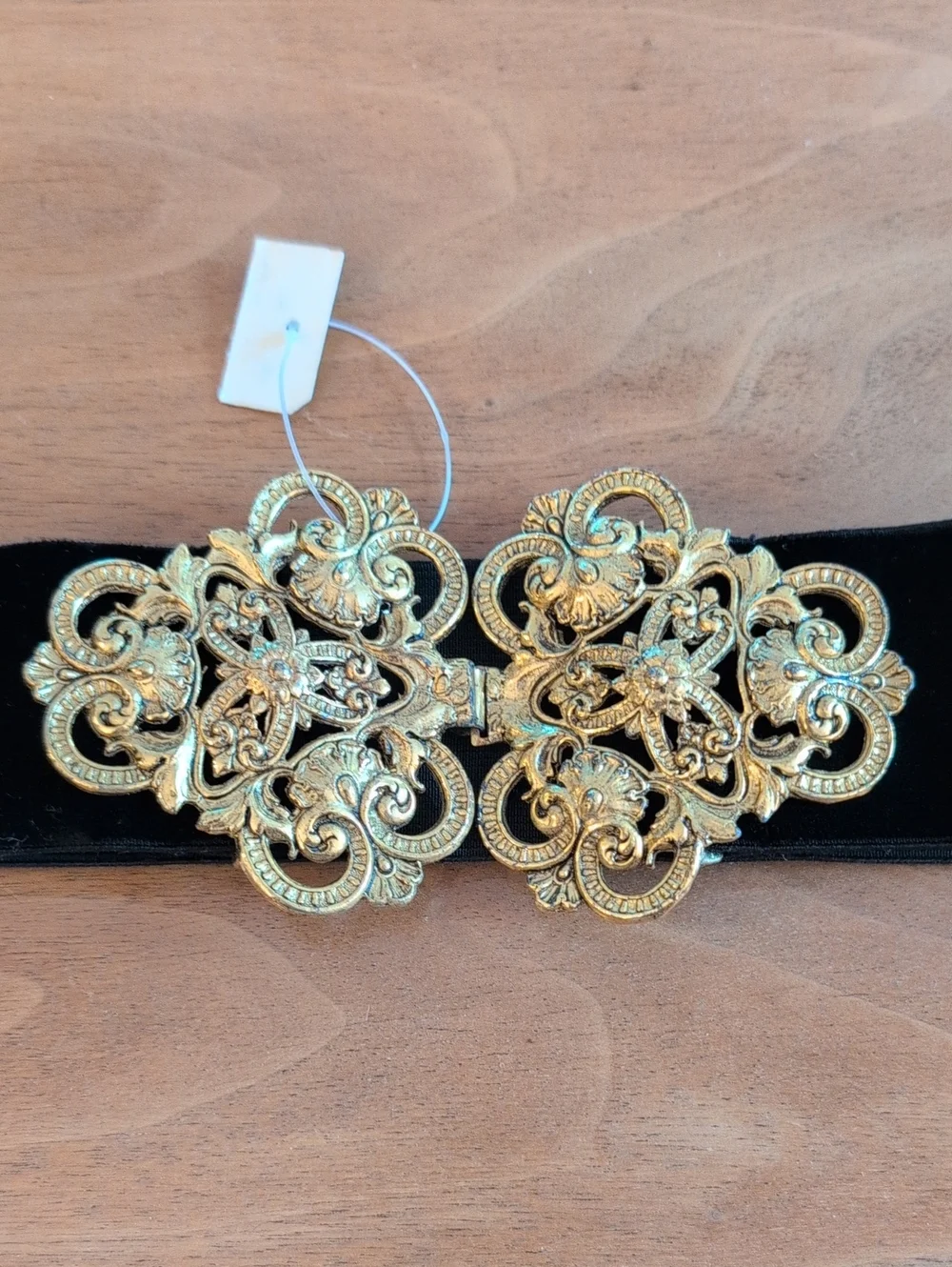 Vintage 1960s, Gold Filigree Statement Buckle Belt - Black Velvet Elastic