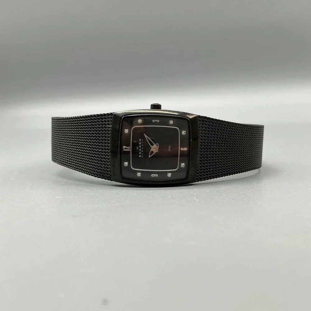 Skagen Womens Watch 21mm Black Dial Crystals Mesh Bracelet Steel New Battery