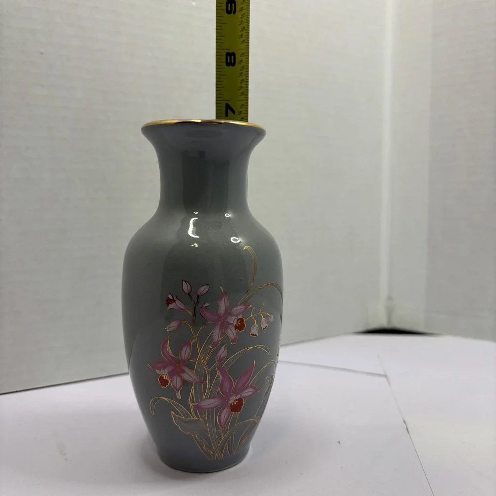 Fine China Japan Grey Ceramic Bud Vase Pink Orchids Gold Gilt with Wood Lid 7in