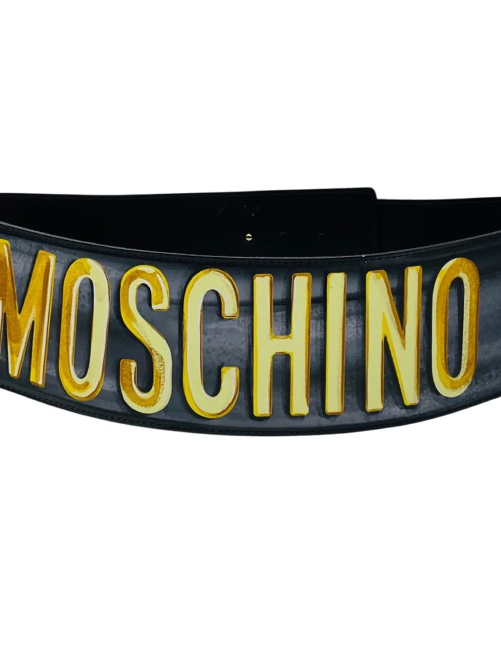 MOSCHINO BLACK / GOLD LOGO GRAPHIC PAINTED GENUINE LEATHER WIDE BELT