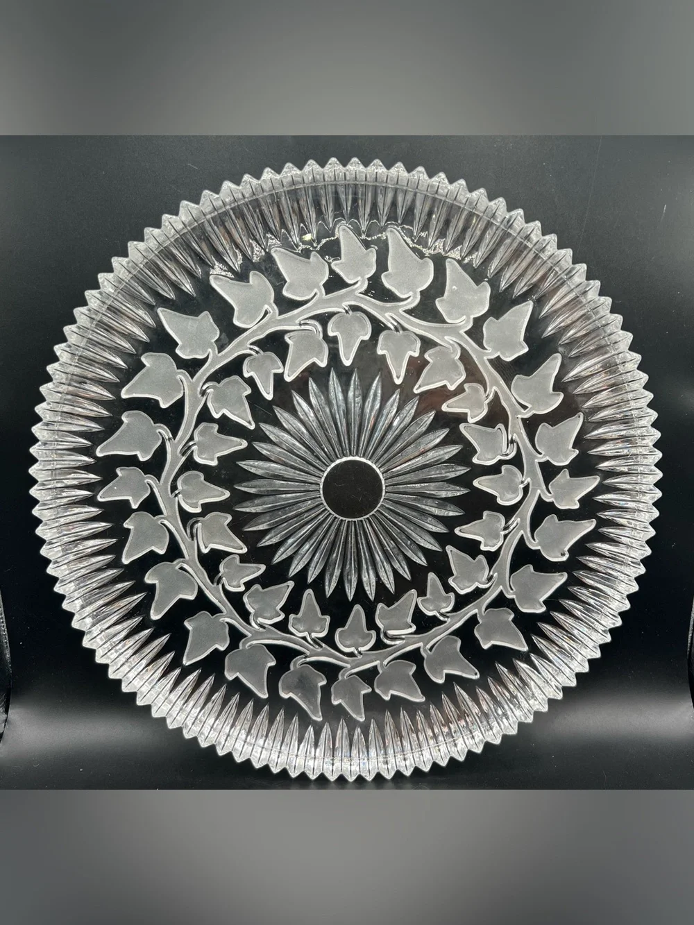 Vintage Frosted Ivy Leaf Glass Serving Plate Platter 11.75” Heavy Sawtooth Edge