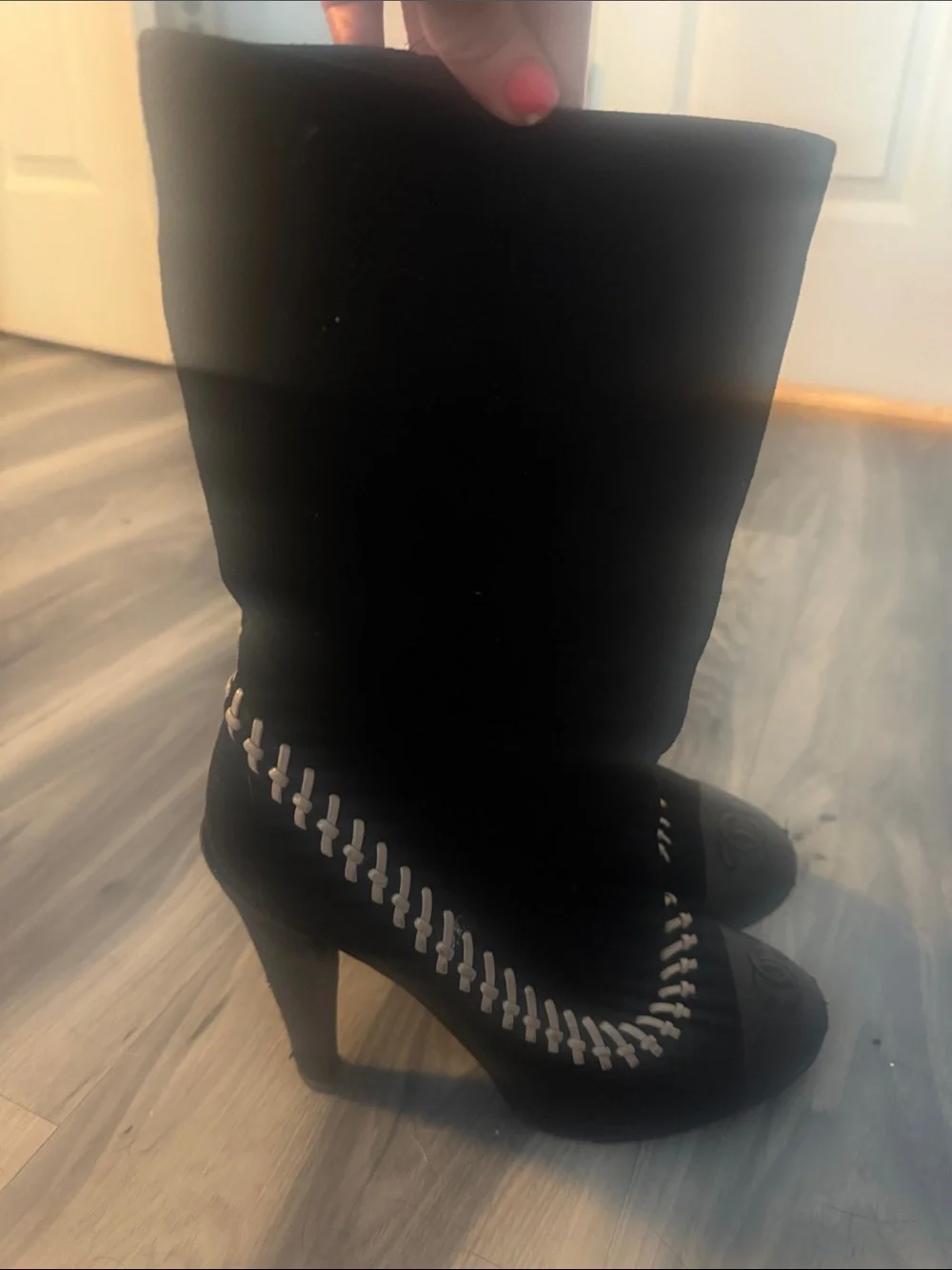 Authentic Chanel black and white stitched suede and leather boots 38 8