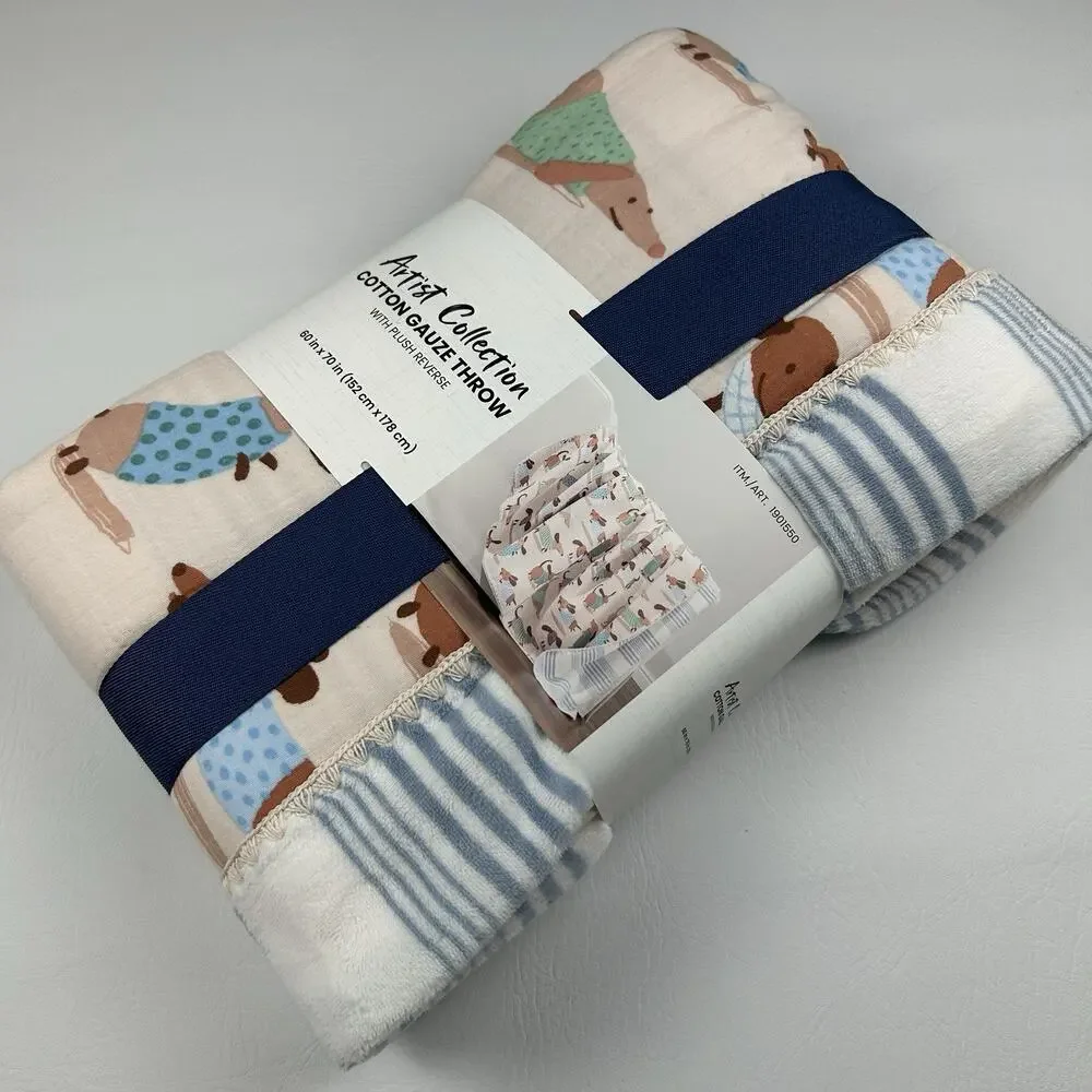 Artist Collection Cotton Gauze Throw Plush Reverse Dachshund Dog Blanket 60x70