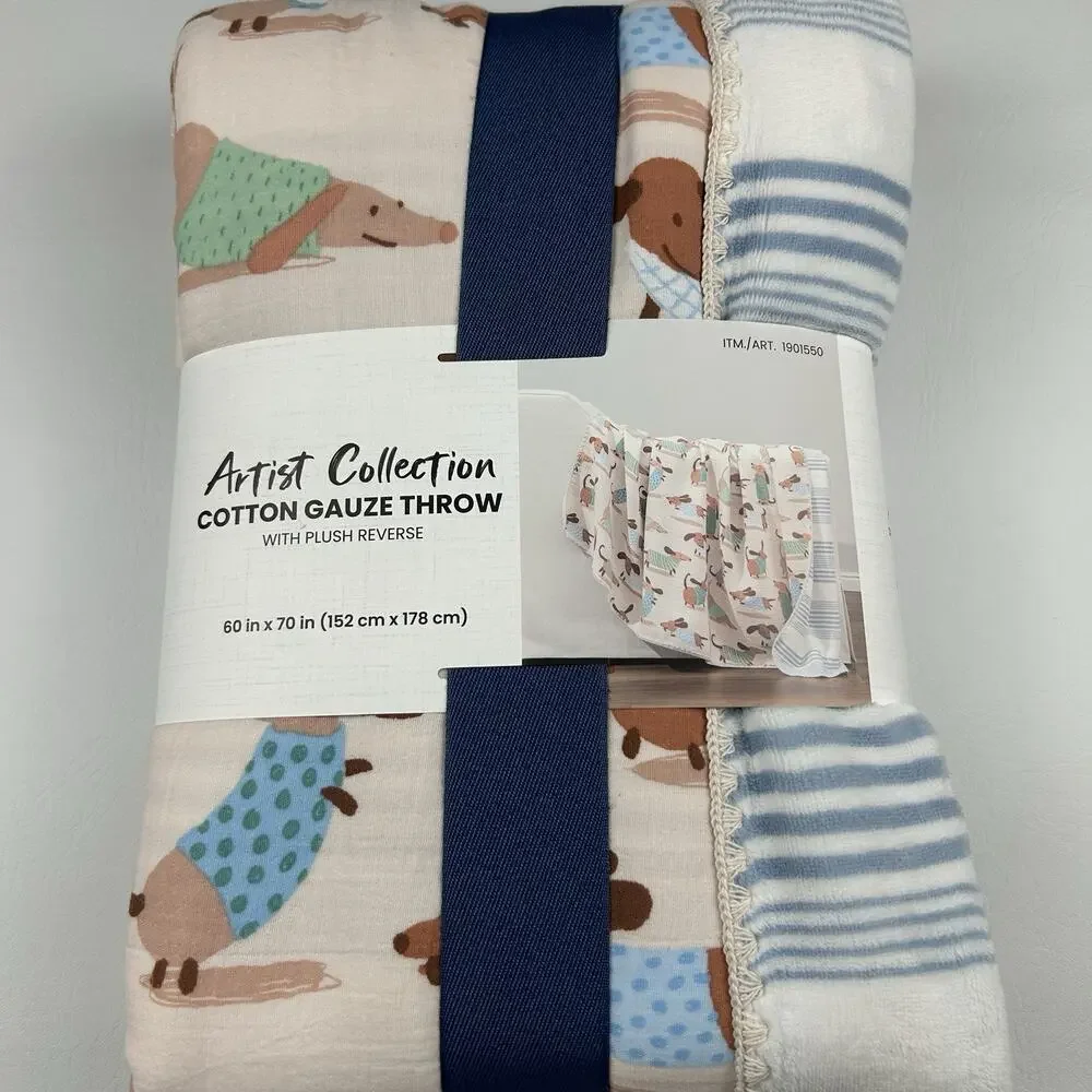 Artist Collection Cotton Gauze Throw Plush Reverse Dachshund Dog Blanket 60x70
