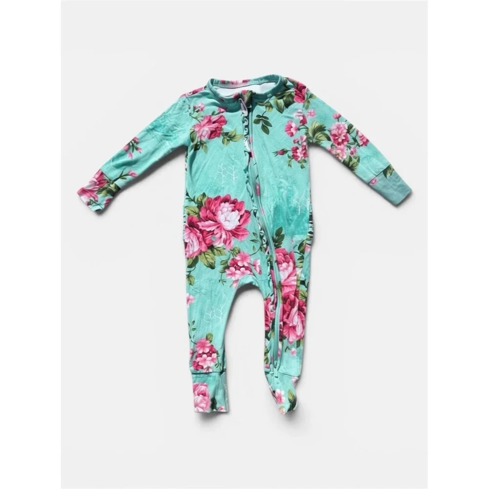 Posh Peanut Aqua Floral Bamboo Zip Footie Pajamas 9-12M Ruffle Sleeper