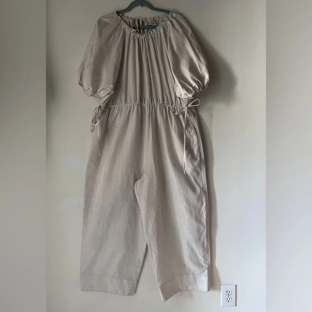 COS Puff-Sleeve Linen Blend Oversized Wide Leg Jumpsuit Sz L/XL Light Beige