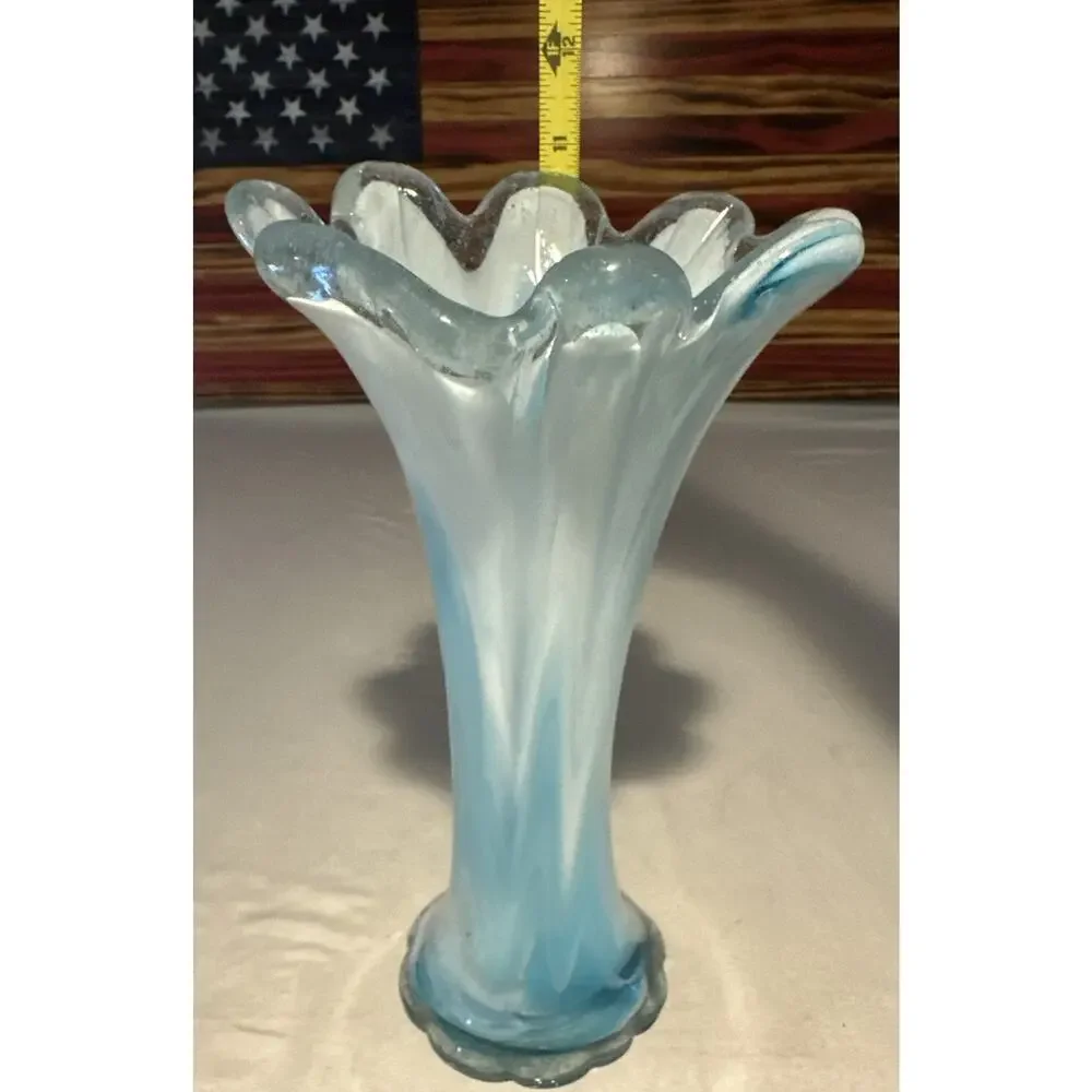 VINTAGE Murano Style BLUE WHITE SWUNG GLASS VASE WITH RUFFLED TOP VASE 10.5