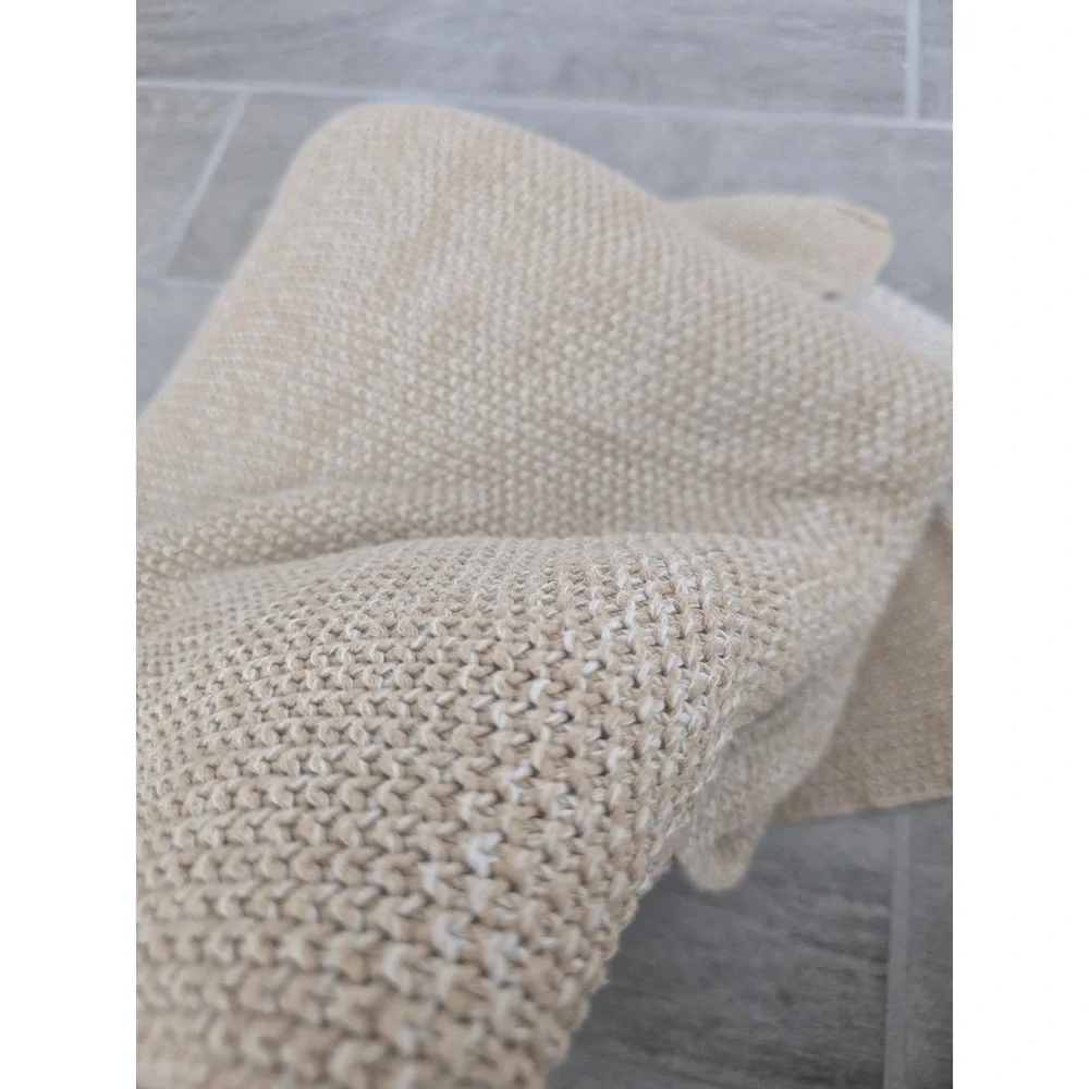 Anthropologie Knit Throw Blanket Neutral Two Tone Textured Woven Home Colorblock