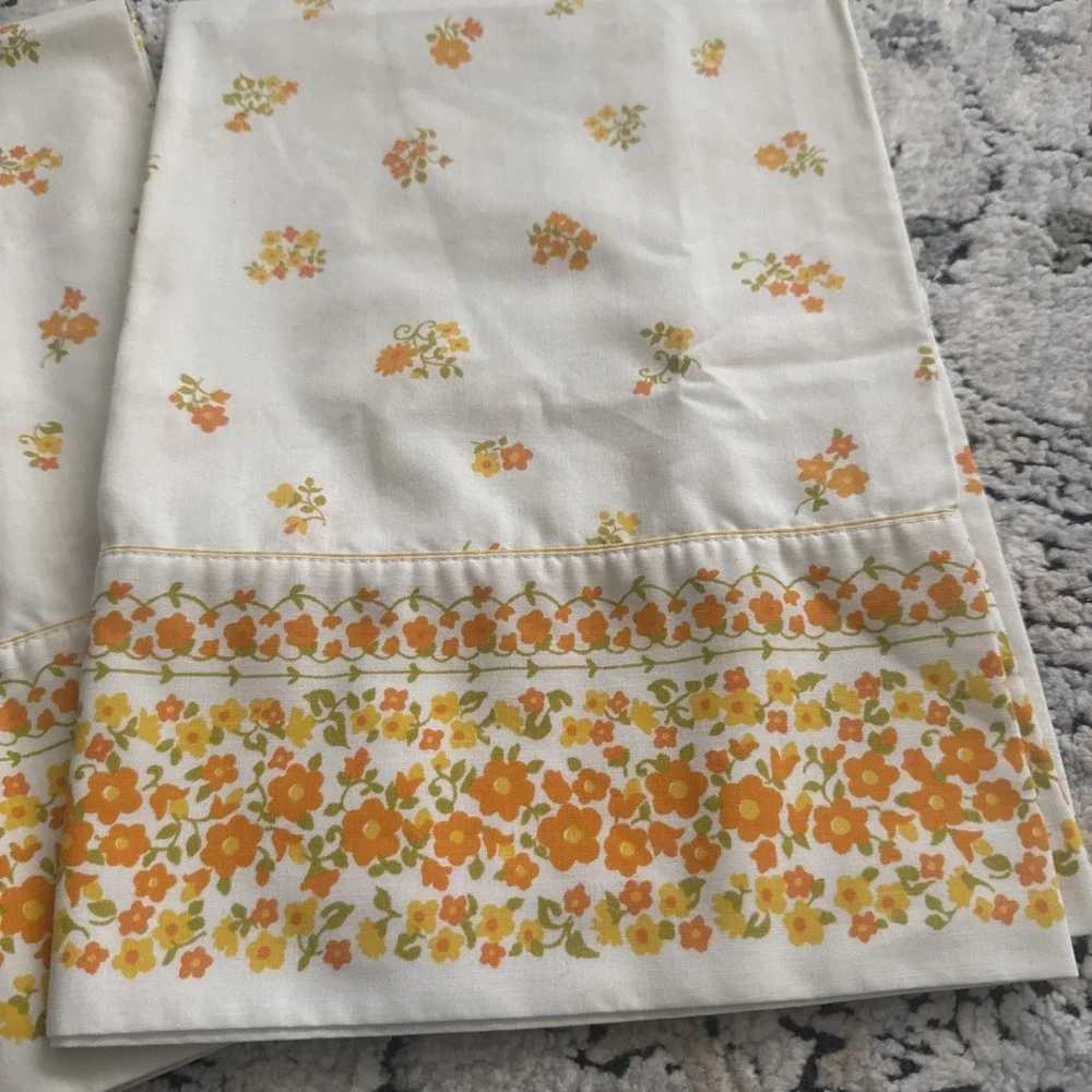 Vintage Pillowcases Montgomery Ward Yellow Orange Floral Muslin Cotton