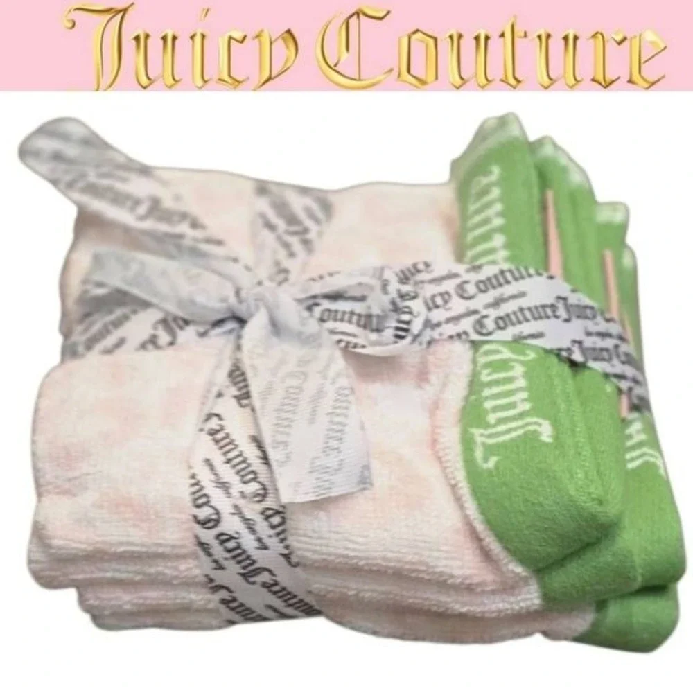 Juicy‎ Couture Home Logo Leopord Print Set of 4 Wash Towels- Green/Pink