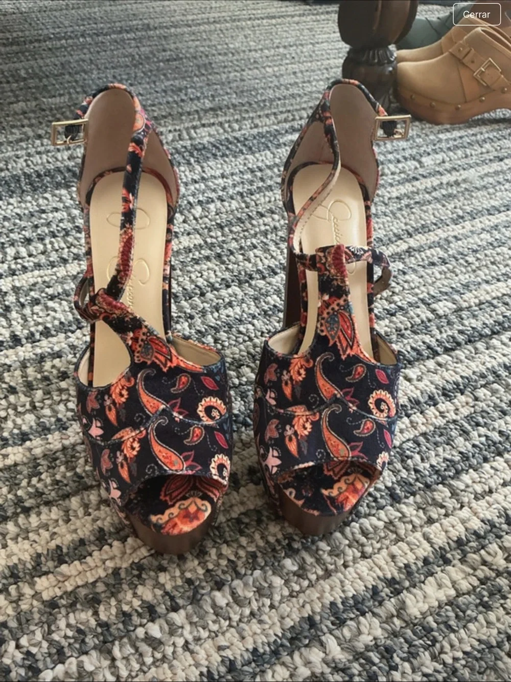Jessica Simpson Navy Paisley Platform Heels with Brown Wood Block Heel