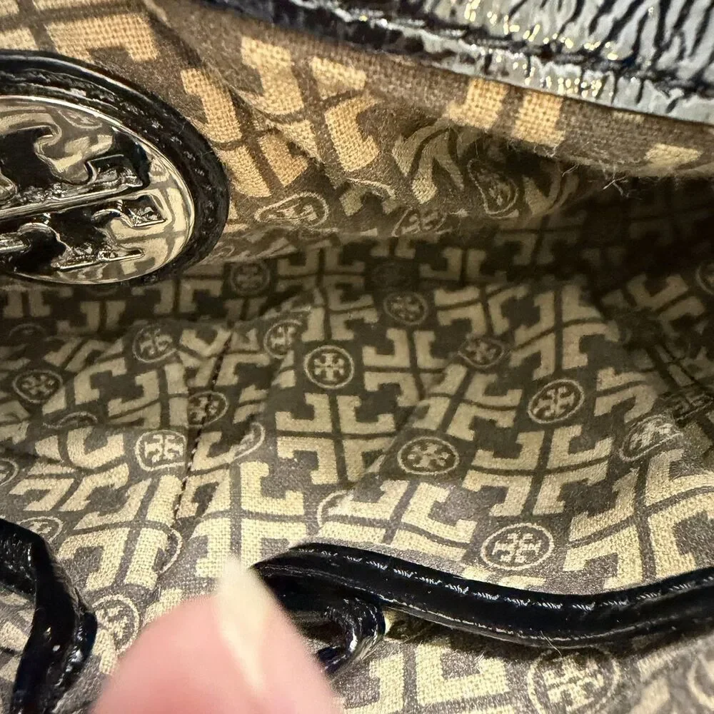 Tory Burch Black Leather Shoulder Bag Patent Trim Silver Hardware Y2K