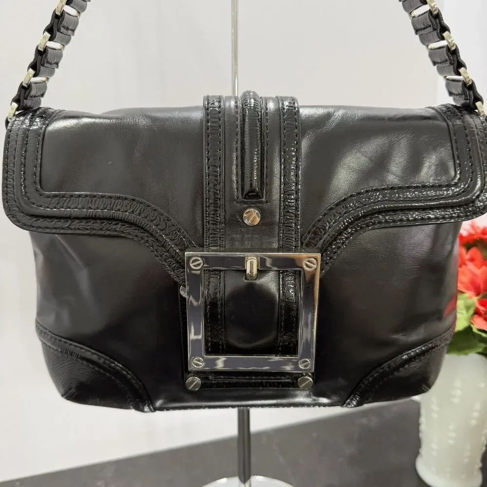 Tory Burch Black Leather Shoulder Bag Patent Trim Silver Hardware Y2K