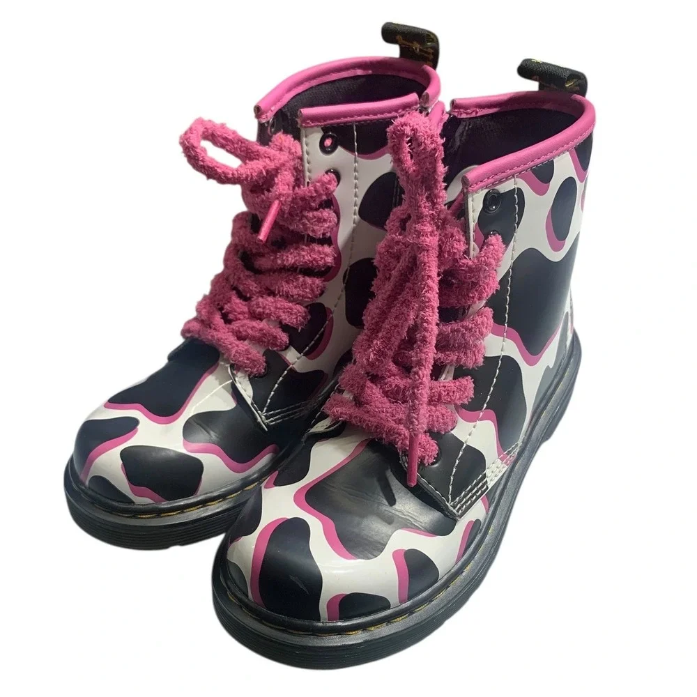 Kids Dr Martens Boots Cow Print Pink Laces Side‎ Zip Youth Size 1