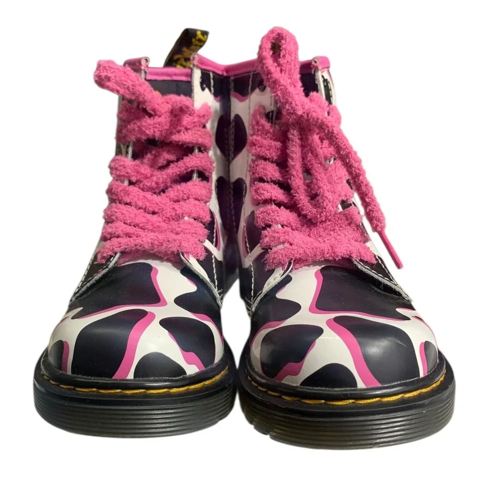 Kids Dr Martens Boots Cow Print Pink Laces Side‎ Zip Youth Size 1