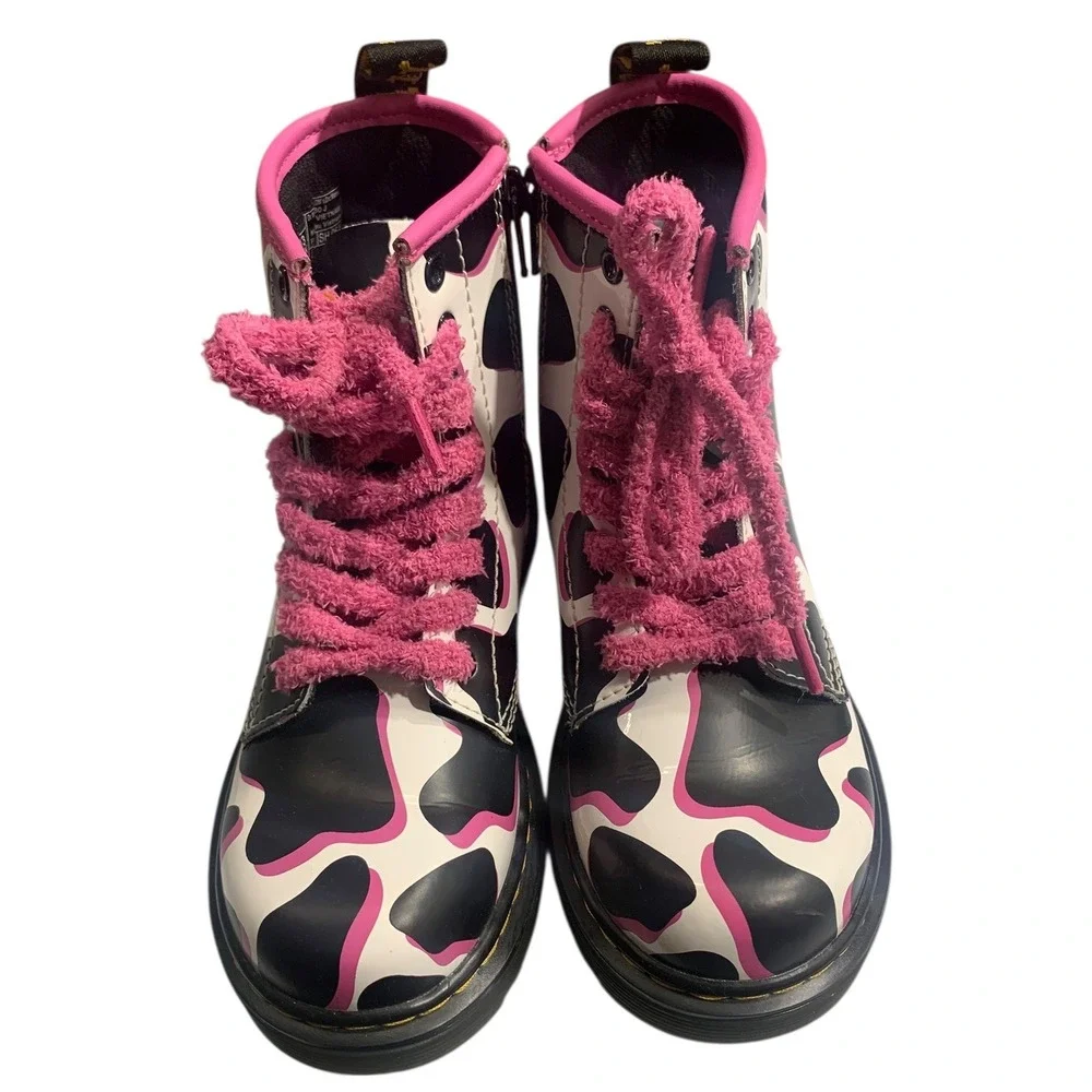 Kids Dr Martens Boots Cow Print Pink Laces Side‎ Zip Youth Size 1